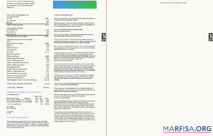 Downloadable USA Cox utility bill template in Word and PDF formats, 4 pages, 3 4 pages